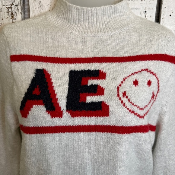 American Eagle Smiley Sweater Heather Gray AE Logo Women's Medium Preppy Retro - Picture 3 of 12